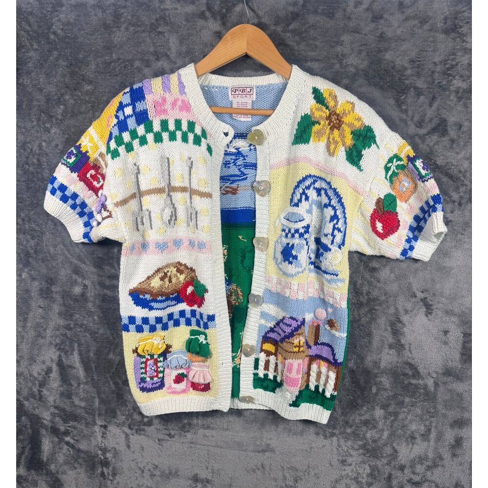 VTG 90s PBJ Sport Hand-Knit Art-To-Wear Embroidered Cardigan Sweater Medium - Picture 7 of 8